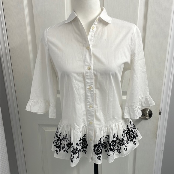 Kate Spade White Blouse Bell Sleeve Peplum Black Embroidery Size XS - Picture 1 of 10